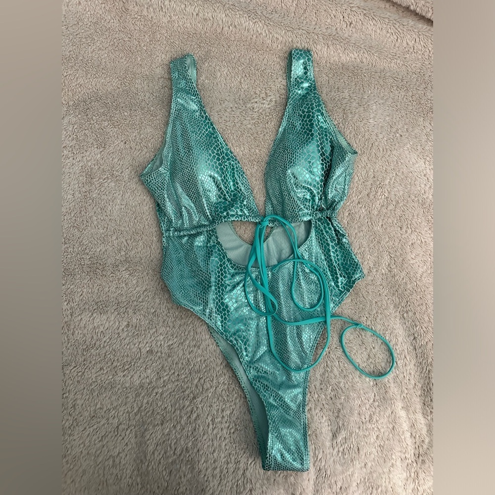 Metallic Teal One-Piece Swimsuit - Picture 2 of 4
